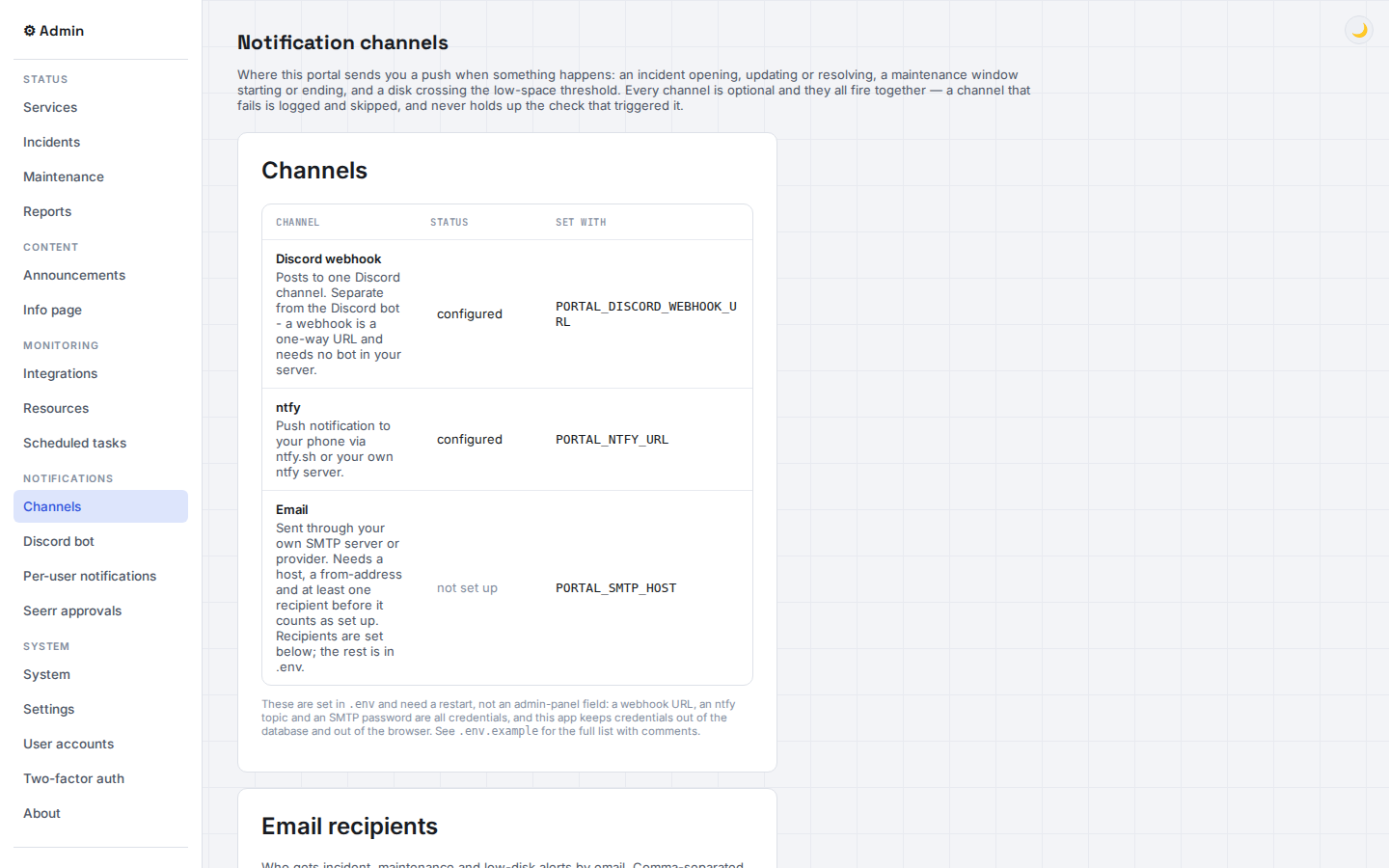 Admin notification channels page for Discord, ntfy and email