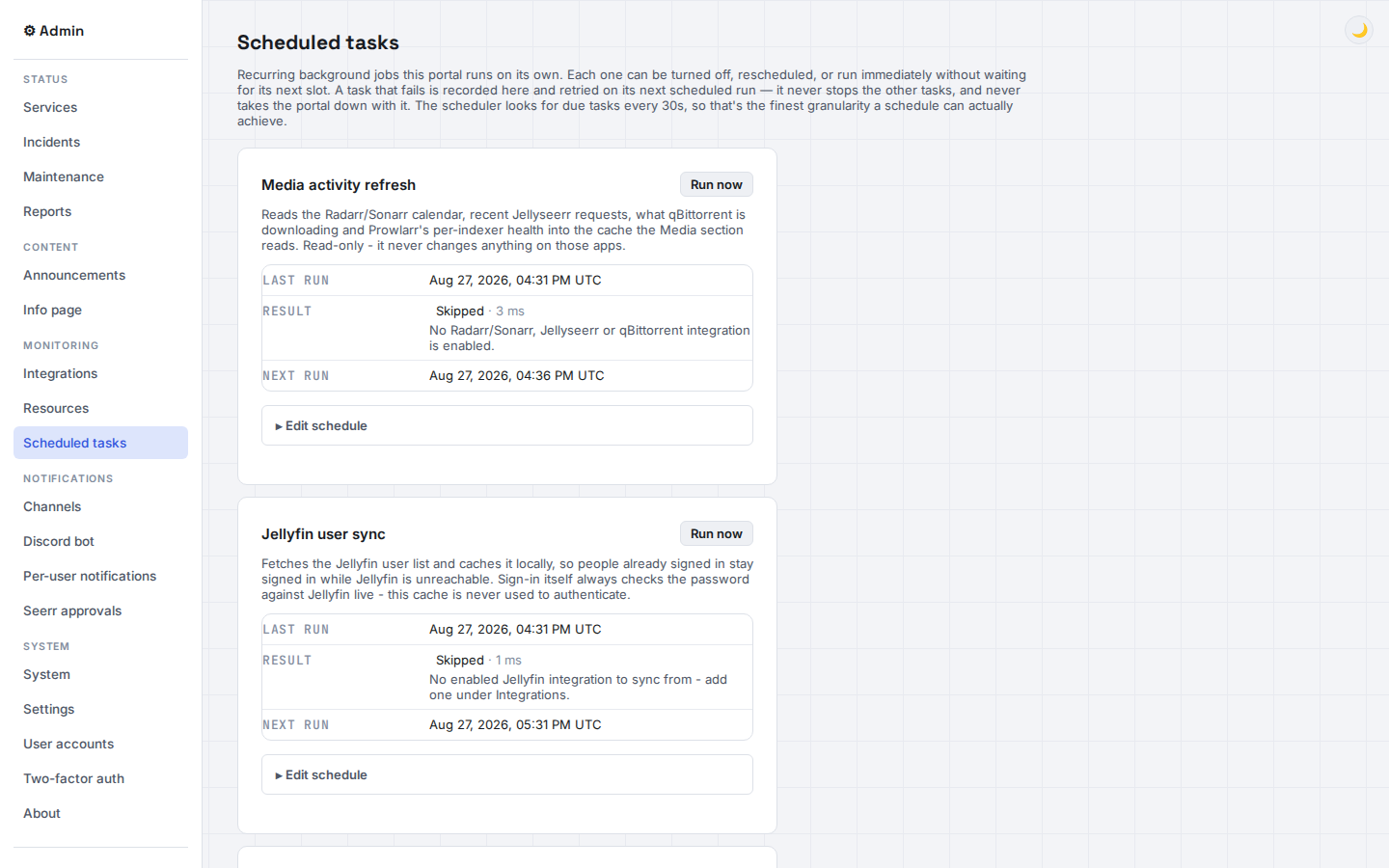 Admin scheduled tasks page showing background jobs and their last run