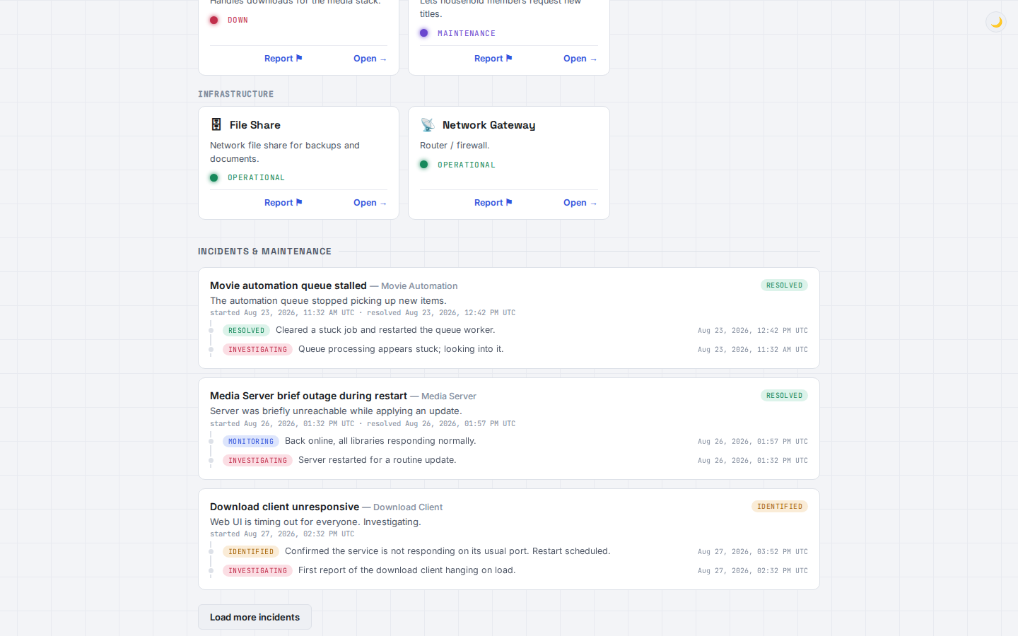 Incidents and maintenance timeline on the public page