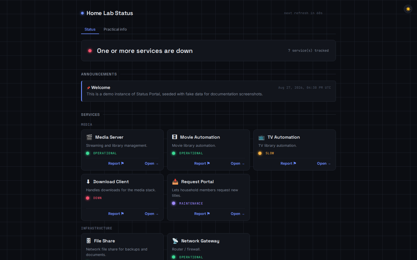 Status Portal public status page showing service groups, an announcement banner and live incidents, dark mode