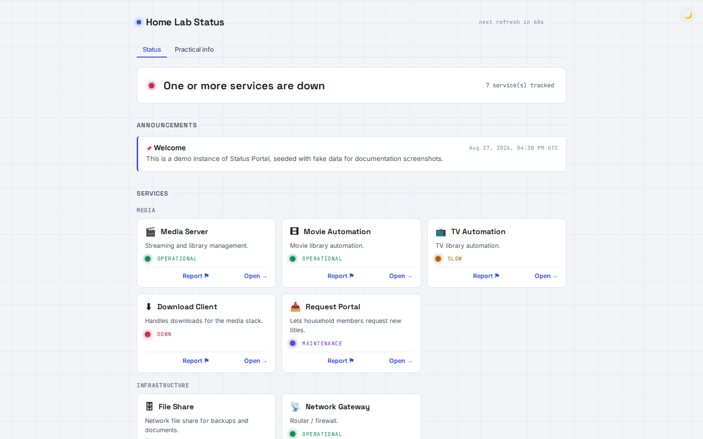 Status Portal public status page showing service groups, an announcement banner and live incidents, light mode