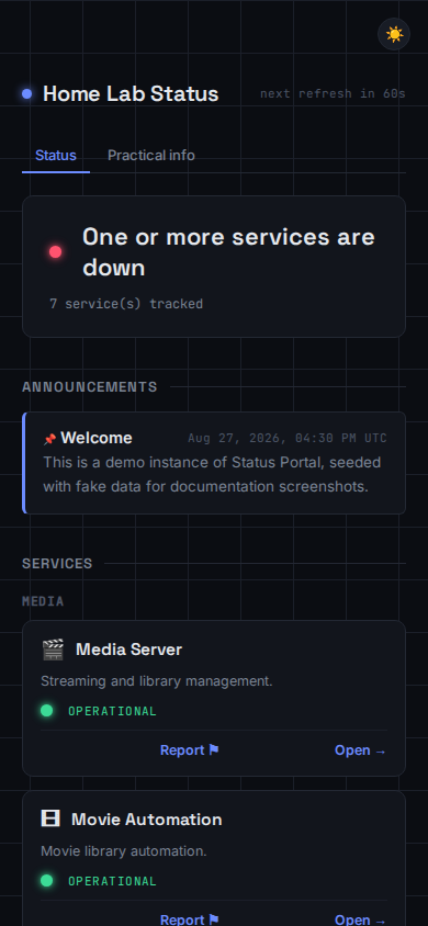 Status Portal public status page showing service groups, an announcement banner and live incidents, dark mode