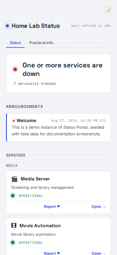 Status Portal public status page showing service groups, an announcement banner and live incidents, light mode